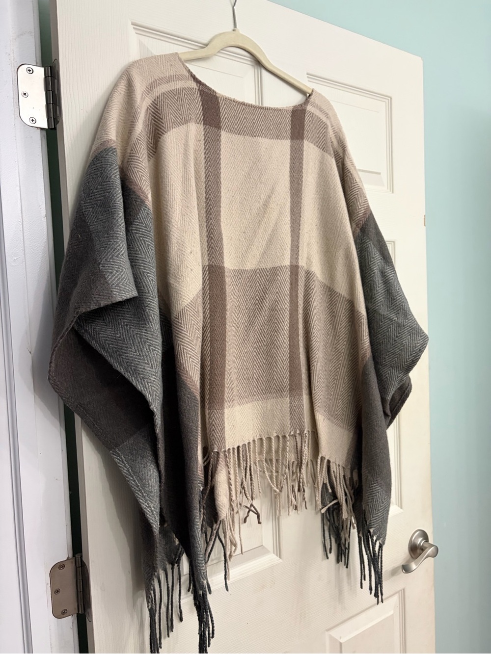 Neutral Plaid Fringe Poncho - Beige and Gray